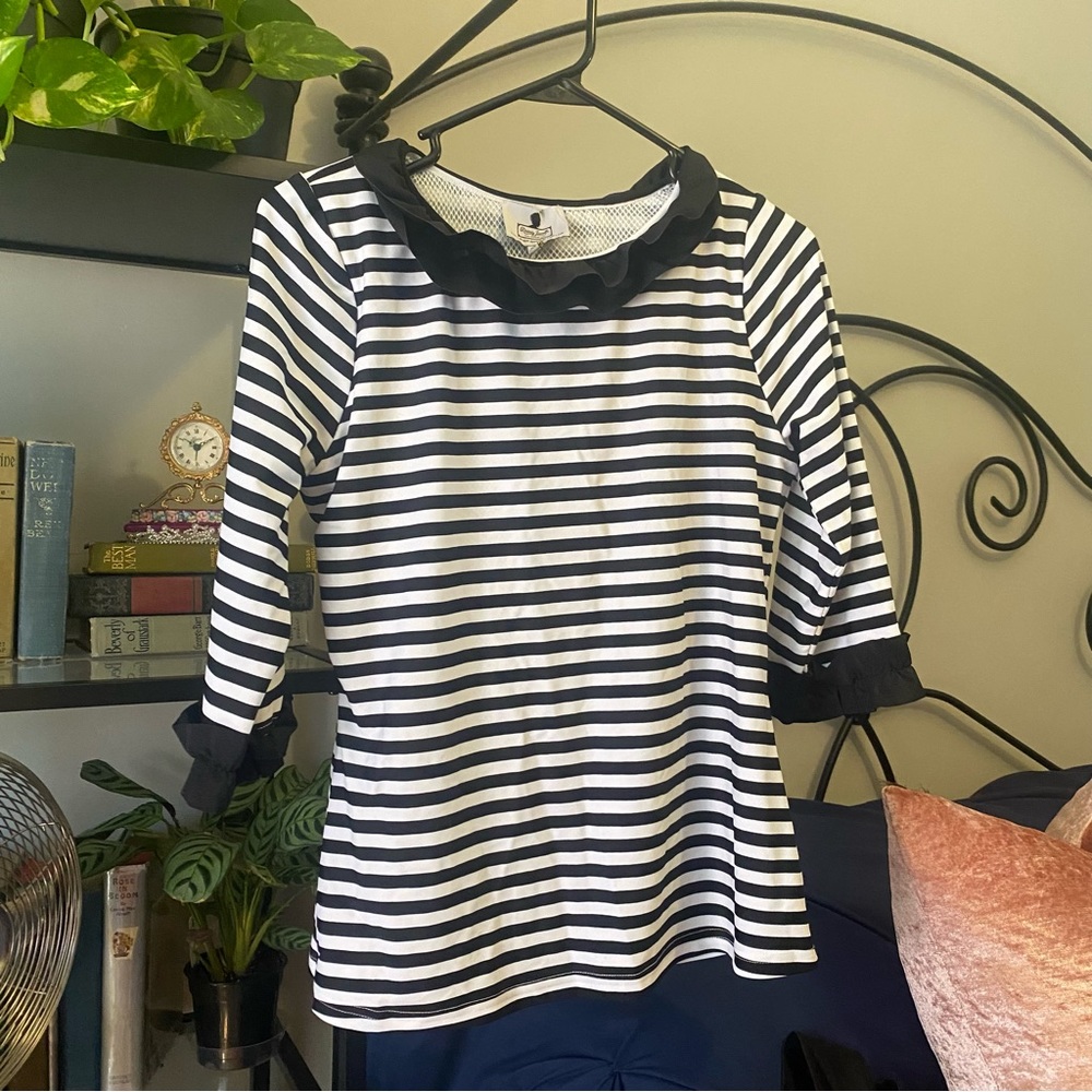 Black and white striped Dainty Jewells modest swim top ruffled neck & sleeves M